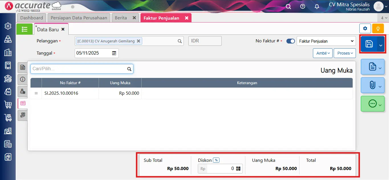 Mencatat uang muka penjualan sebagian